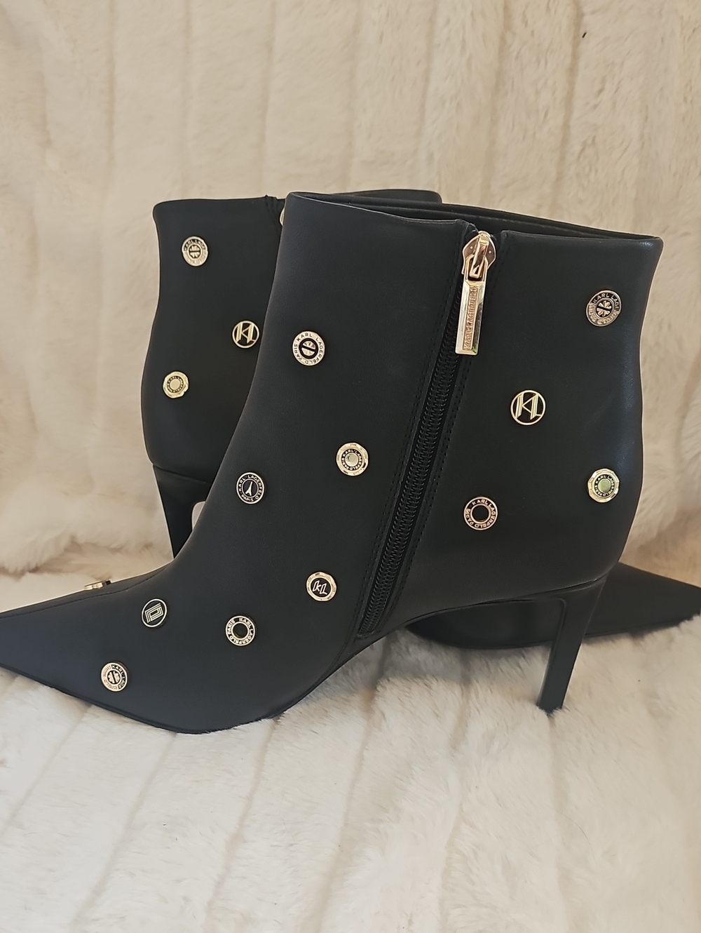 Karl Lagerfeld Black Leather Ankle Booties with Gold Accents